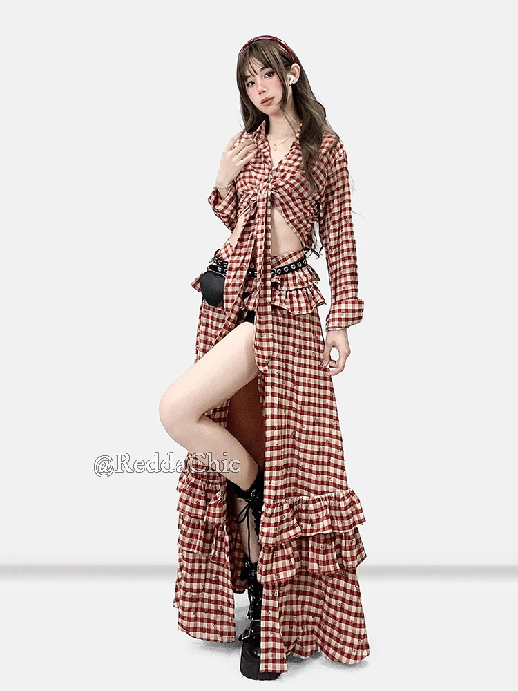 REDDACHiC Twist Front Shirt Skirt Matching Set Floral Plaid Crop Top Ruffled Button Down Slit Long Skirt Summer Festival Outfits
