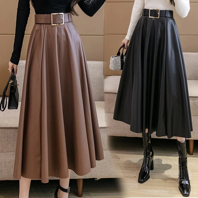 

Sashes Leather Skirts Women Autumn Winter 2024 New High Waist Pleated Skirts Long Maxi Saias Back Zipper Fly PU Skirt