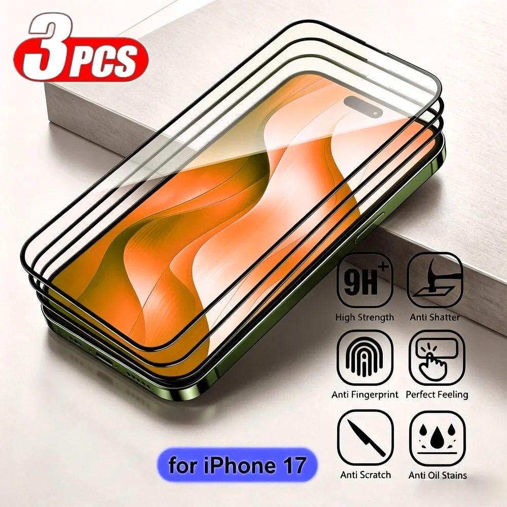 

Комплект из 3 защитных стекол Full Cover для iPhone 17, 16, 15, 14 Pro Max, Air 17e, 16e, 15, 14 Plus, 11, 12, 13 Pro, закаленное стекло 9H