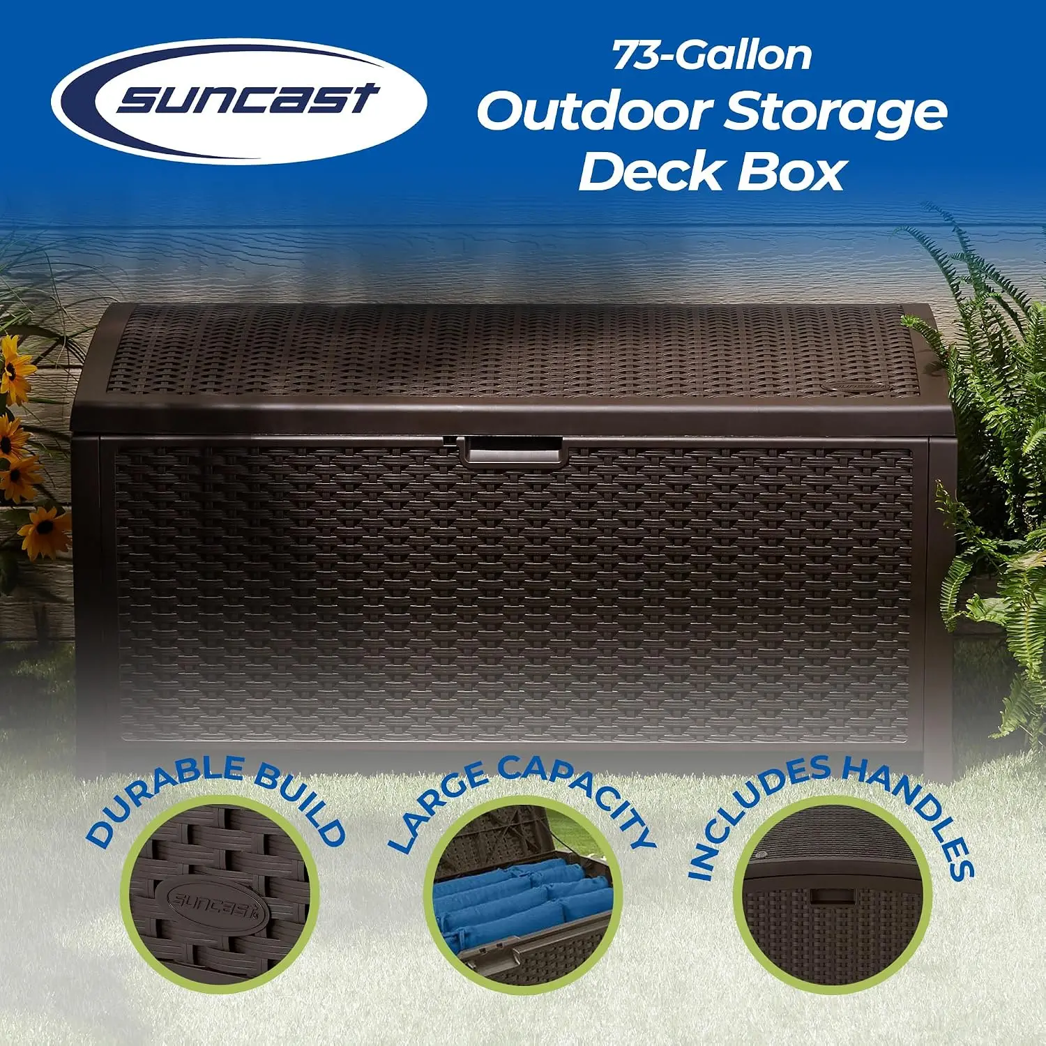 Outdoor Storage Box - 73 Gallon Mocha Brown Deck Box for Patio, weather-resistant Outdoor Storage Bench, Resin Wicker Style