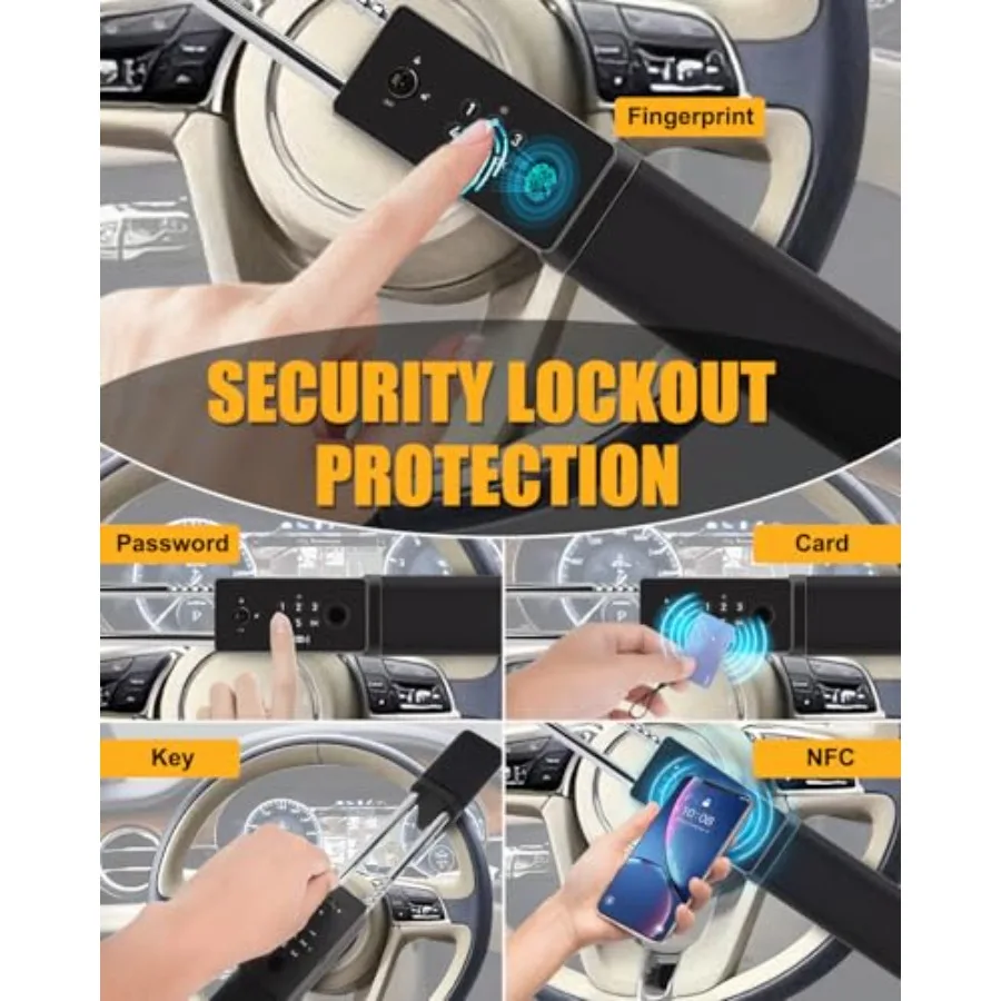 Steering Wheel Lock Anti Theft Device for Truck Van SUV, Steel Black, Fingerprint Keypad IC Card NFC Key Access, Dual Alarm Win
