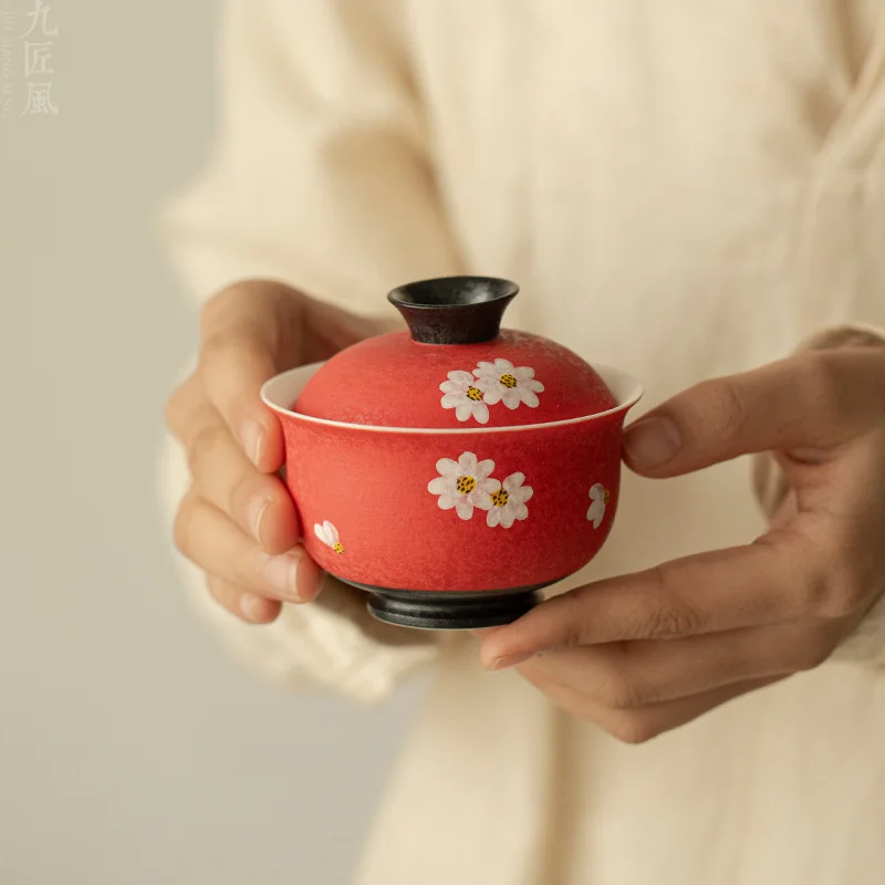 Hawthorn Red Hand-painted Covered Bowl Underglaze Color Daisy Tea Maker Ceramic Tea Bowl Gaiwan