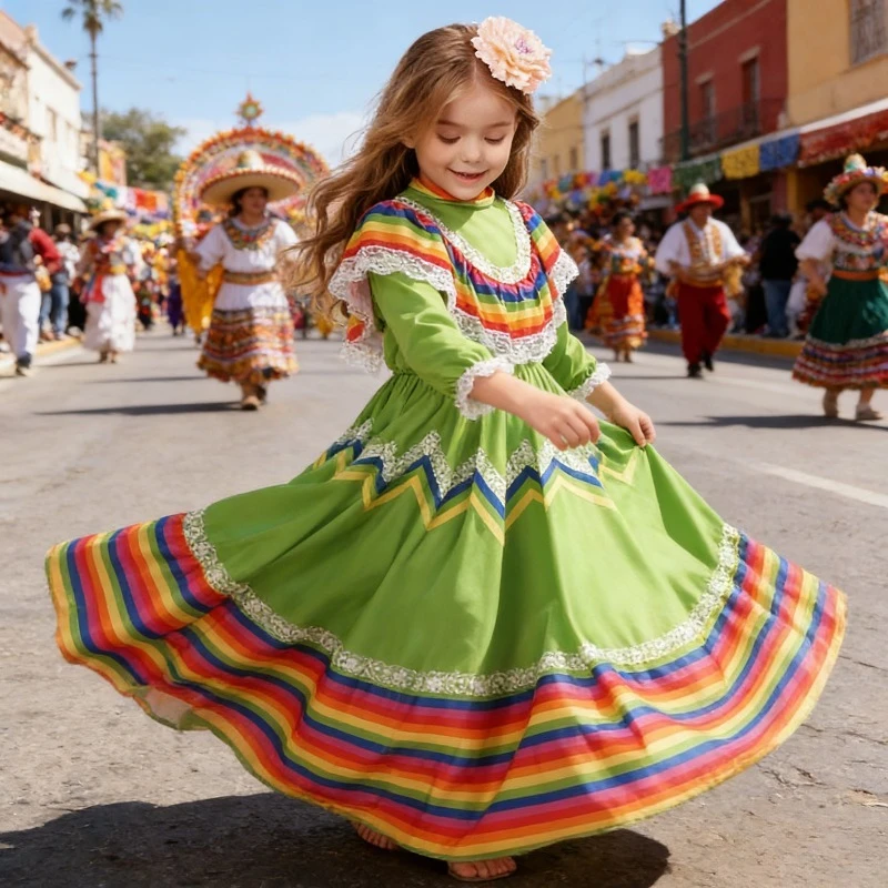

Мексиканское этническое танцевальное платье, длинное платье для Хэллоуина, костюм для школьных сценических выступлений