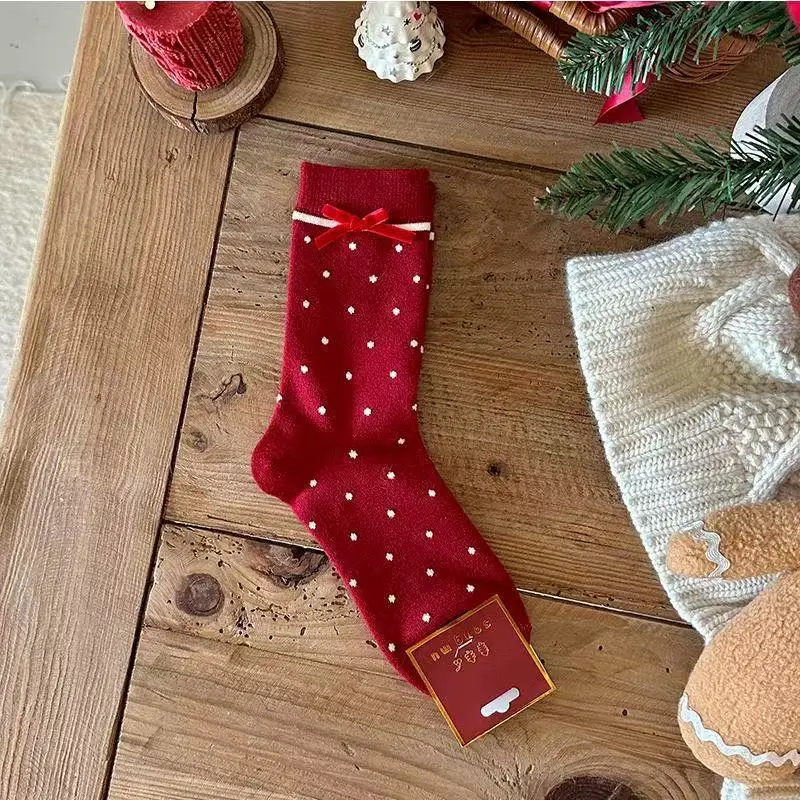 Süße Weihnachtssocken mit gepunkteter Schleife für Damen, weiche Baumwoll-Blumenstrick-Crew-Socken, für den täglichen Gebrauch, JK-Uniform, süße Freizeitoutfits – Detail 7
