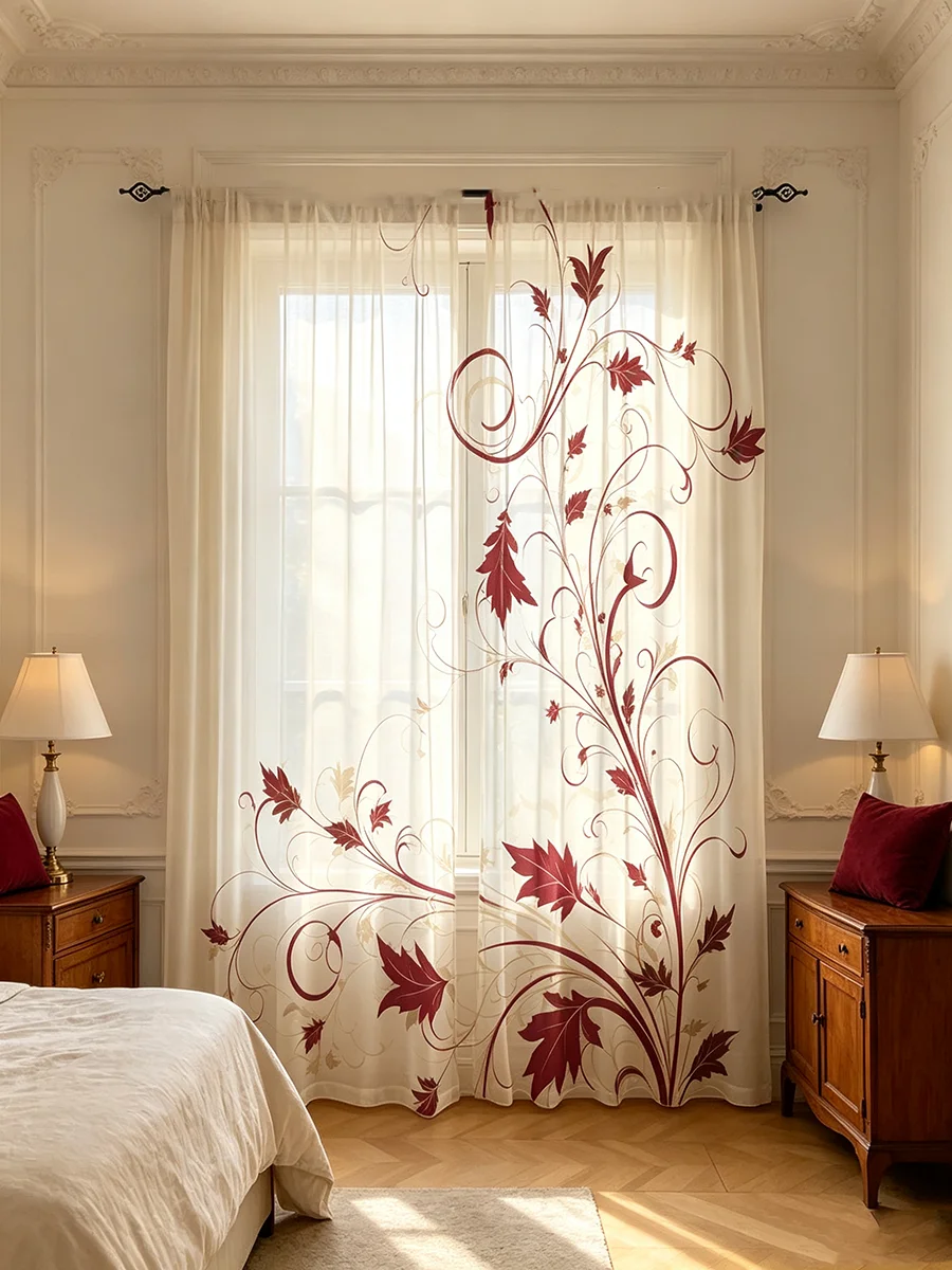 2PCS Digital Print Sheer Curtains, Red Maple Vine Pattern, Autumn Drapes for Kitchen Cafe Living Room Bridal Suite Decor