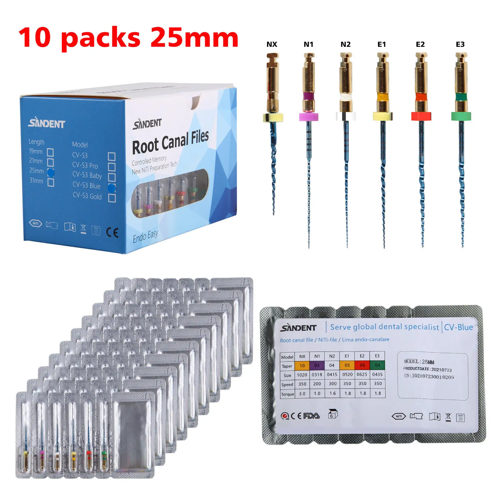 10Packs/60PCS Dental Endodontic Endo Memory Engine Rotary Root Canal NiTi File 25mm files