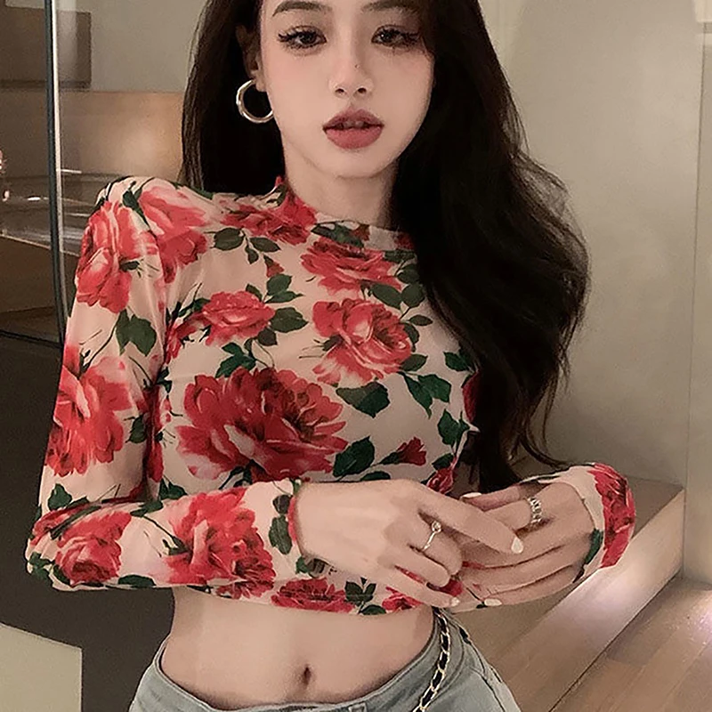 

Autumn Women Retro Floral Round Neck Long Sleeve T-shirt Slim Crop Top