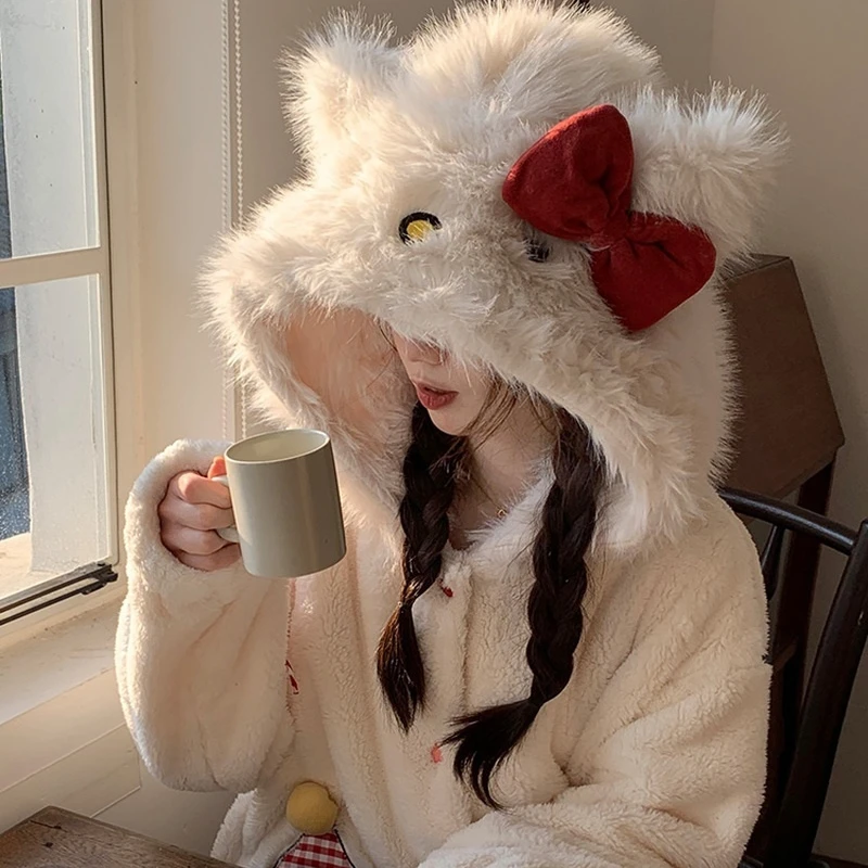 

Kawaii Hello Kitty Coral Fleece Nightgown For Women Autumn Winter Long Thick Bathrobe Hooded Pajamas Home Clothes Suit Set Gifts