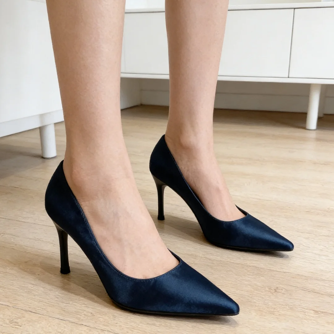

Sapphire Blue Profession Career Lady Color Silk Satin Pumps Female Pointed Toe Slip On Single Women's Shoes Thin Heel High Heels