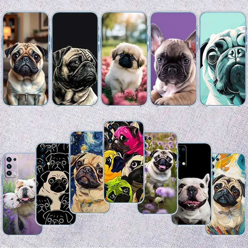 FD10 Funda transparente para teléfono con dibujo de perro Pug para Motorola Moto G7 G8 G9 G84 G85 G73 G24 G15 Z2 Play Power Plus