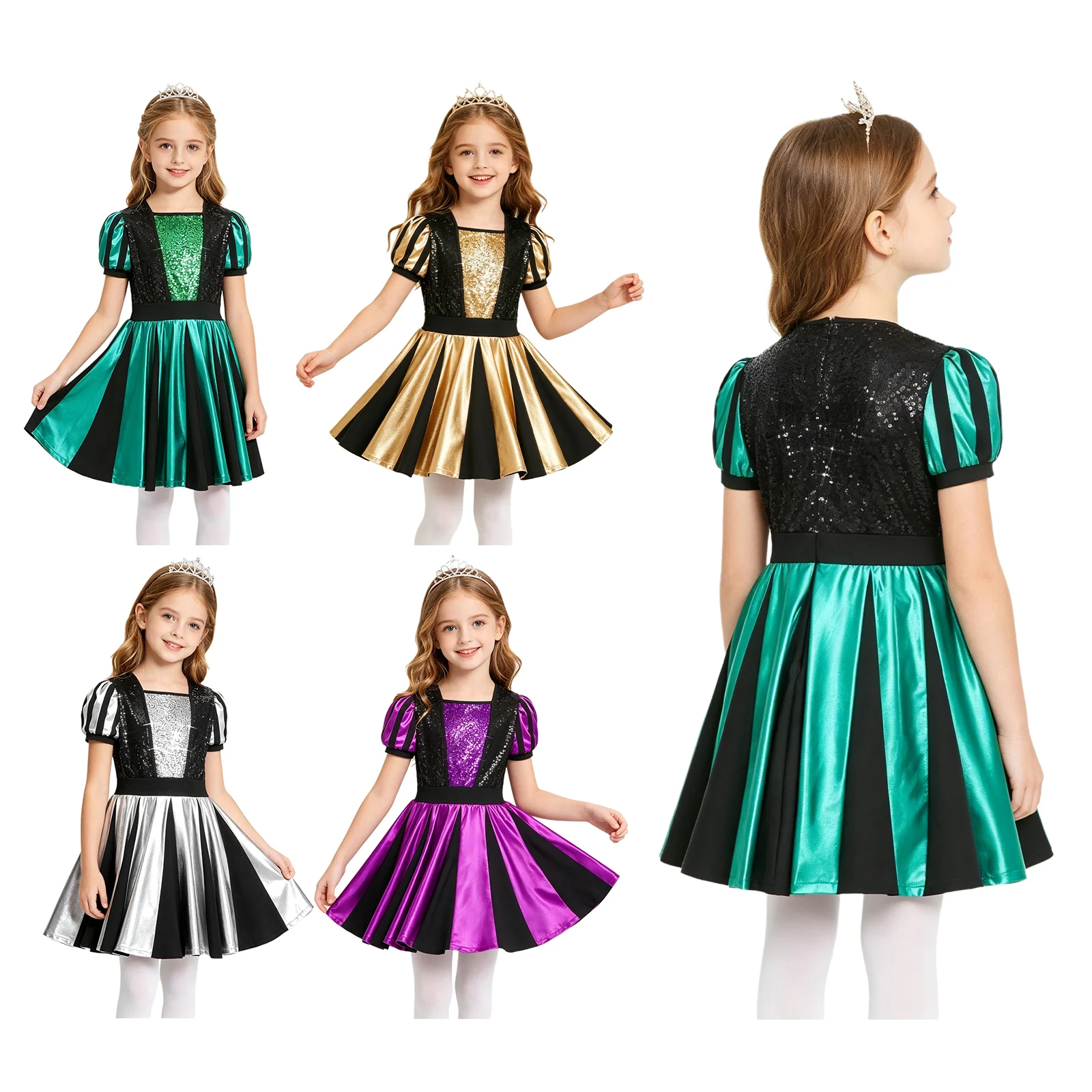 Kids Girls Queen Tutu Dress Puff Sleeve Shiny Sequins Color Block Metallic Leotard Dress Festival Musical Performance Clothes