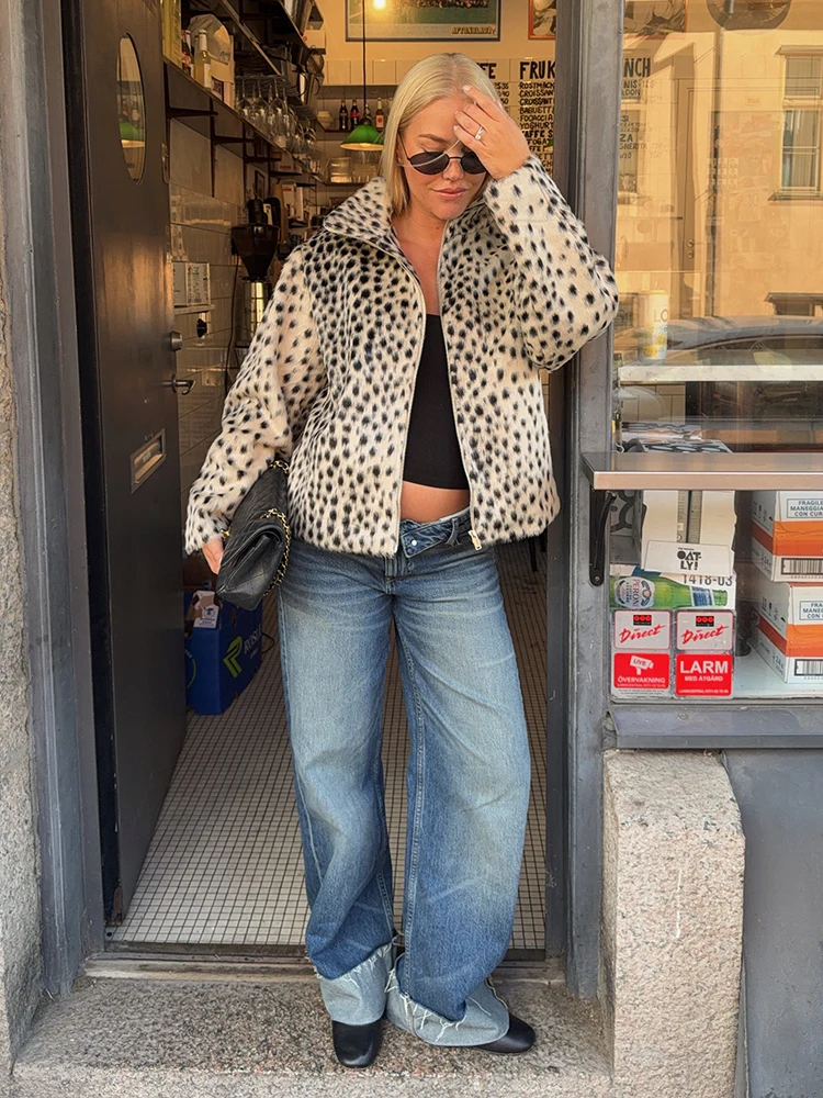 Damen Leopardenmuster Kunstpelzjacke mit Reißverschluss, Stehkragen, Kurzer Schnitt, Locker Geschnittener Flauschiger Mantel, Vintage Street Casual Damen-Oberbekleidung – Detail 5