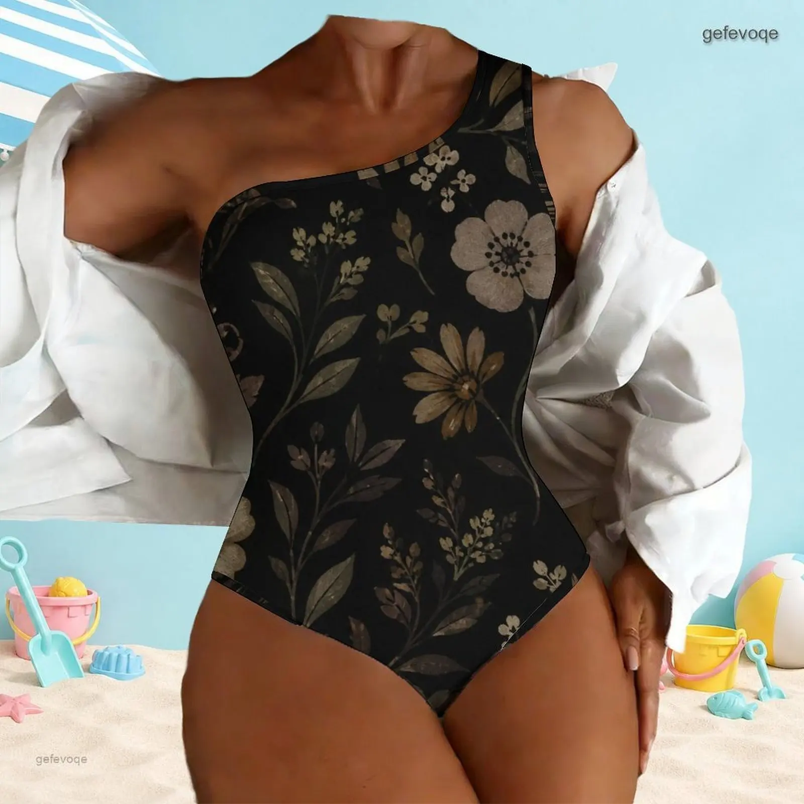 Women One Shoulder Sleeveless One Piece Swimsuit, Printed Red Rose Floral on Black