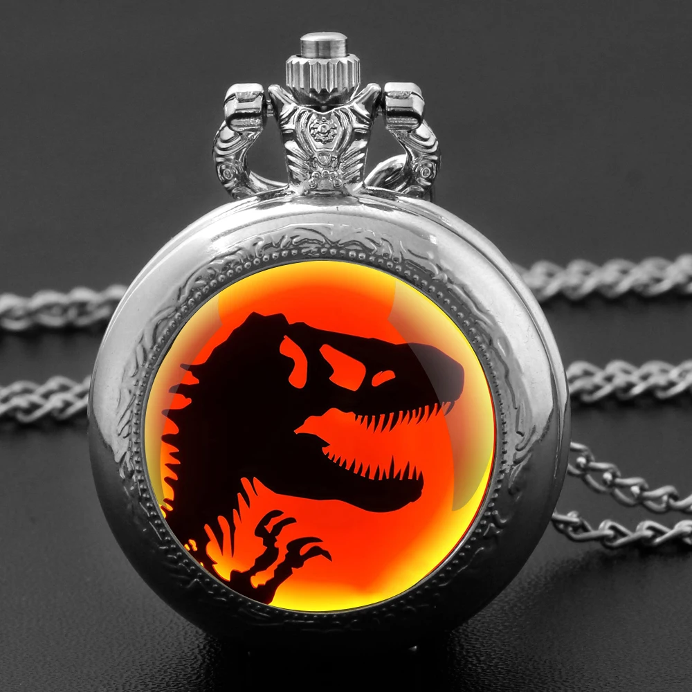Exquisite Gift Jurassic Park Dinosaur Glass Dome Quartz Pocket Watch Necklace Men Women Unique Jewelry Pendant Birthday Gifts