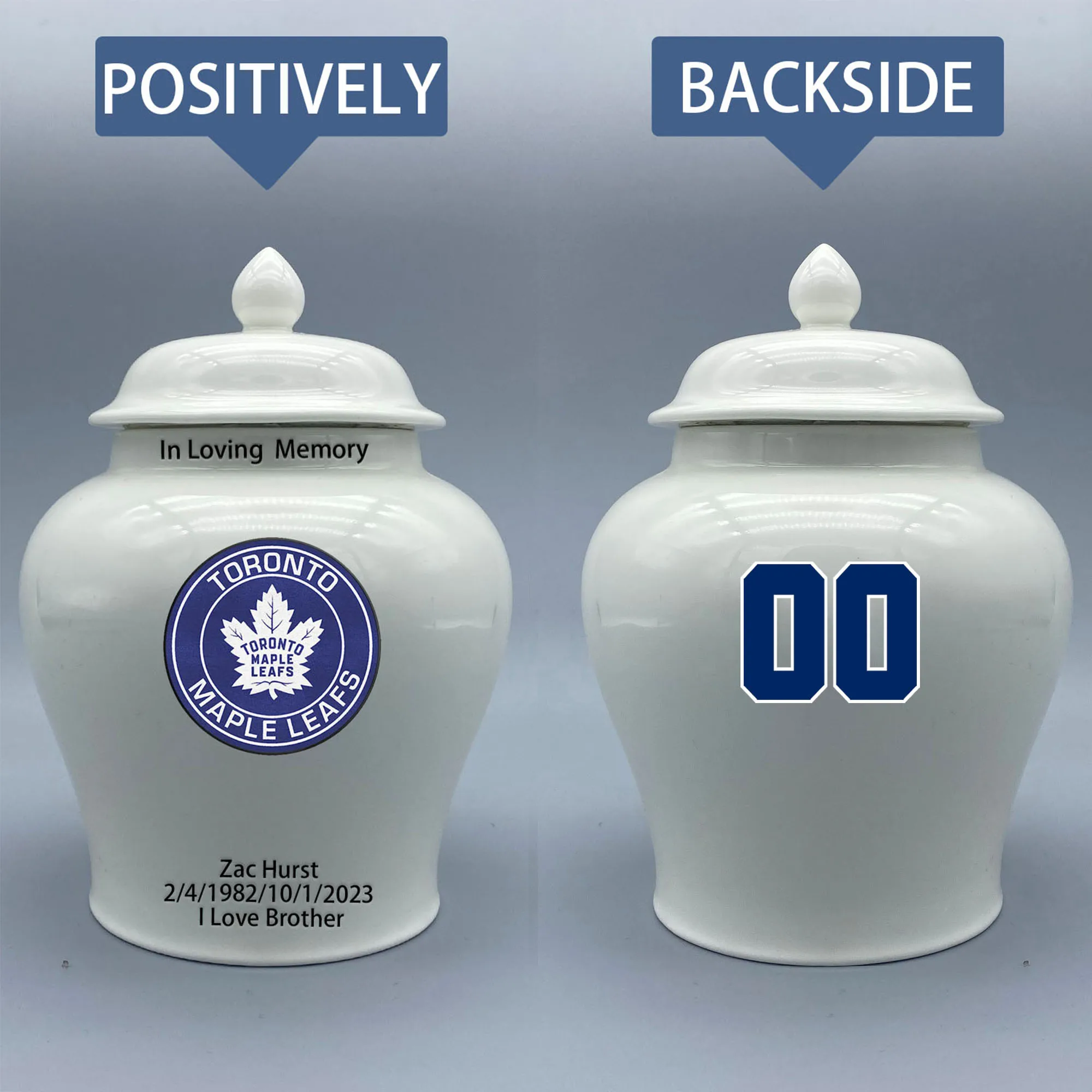 

Medium Urn for Toronto Maple Leafs-themed Hockey Urn.Please send me the customize information-name/date and number on the urn