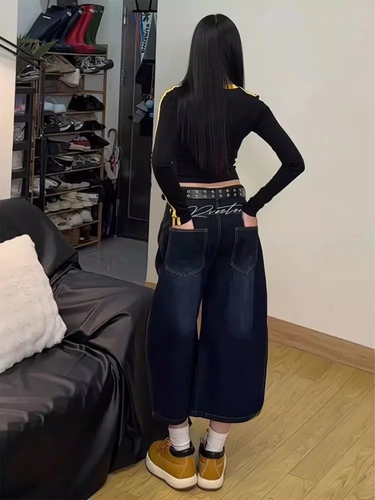 حجم كبير الأمريكية با خياطة الربط سكين الجينز المرأة الخريف جديد واسعة الساق سبعة أقدام orts الدنيم السراويل عالية الخصر