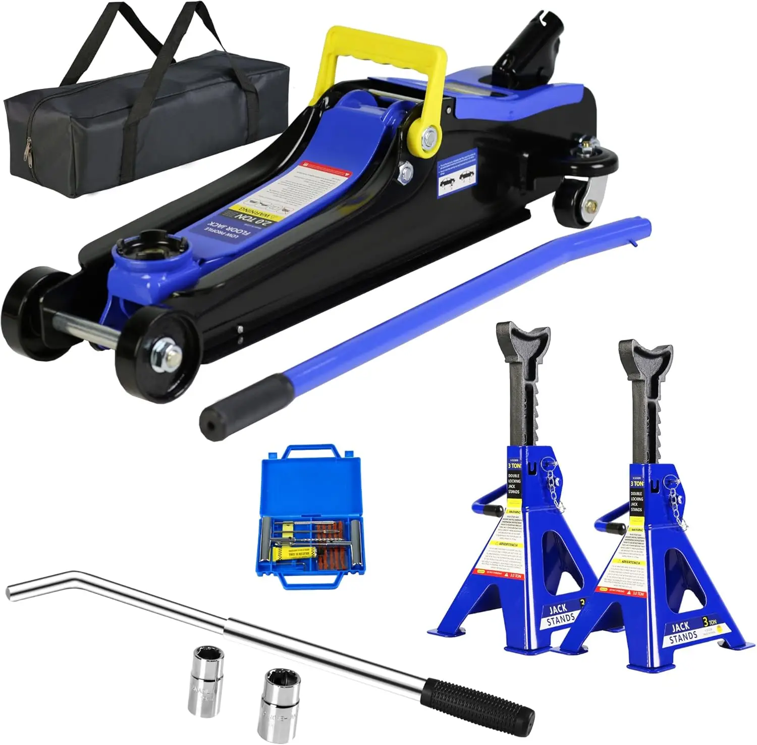

Floor Jack with Quick Lift Pump, 2 Ton (4400 lb) Capacity, Set of 6 with 2pcs 3T Jack Stands & 12pcs Tire Repair Kit, L-Wrench,