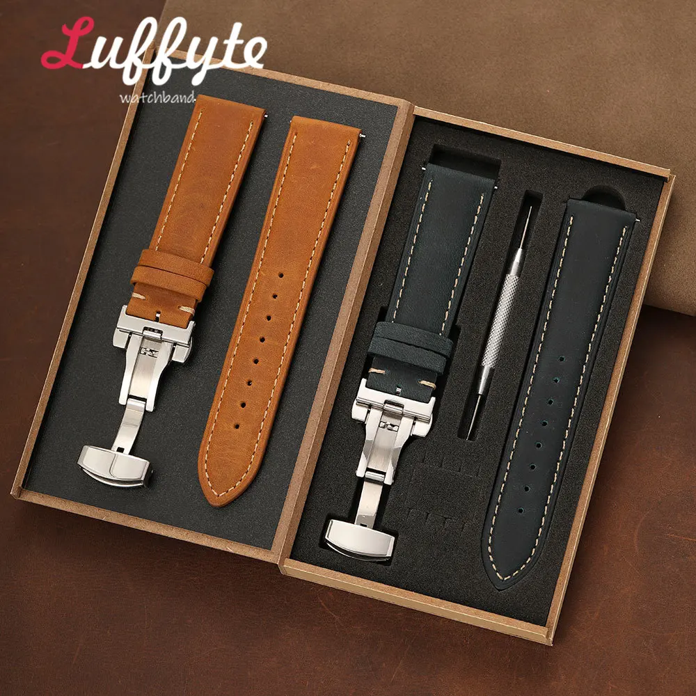 Komfortables Herren-Uhrenarmband aus Crazy Horse Leder 18/20/22mm mit Schnellverschluss und Schmetterlingsverschluss, in Geschenkbox Verpackt, Klassisches Business-Armband