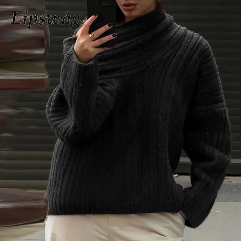 Elegant Autumn Solid Texture Furry Jumpers Temperament Slash Neck Knitted Sweater Women Causal Long Sleeve Loose Knitwear Tops