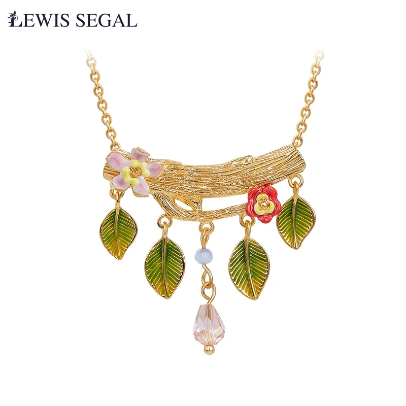 

LEWIS SEGAL Fancy Branches, Greens, and Flower Necklace Pendant Style 18K Gold Hand-painted Enamel Fine Jewelry Women Girls