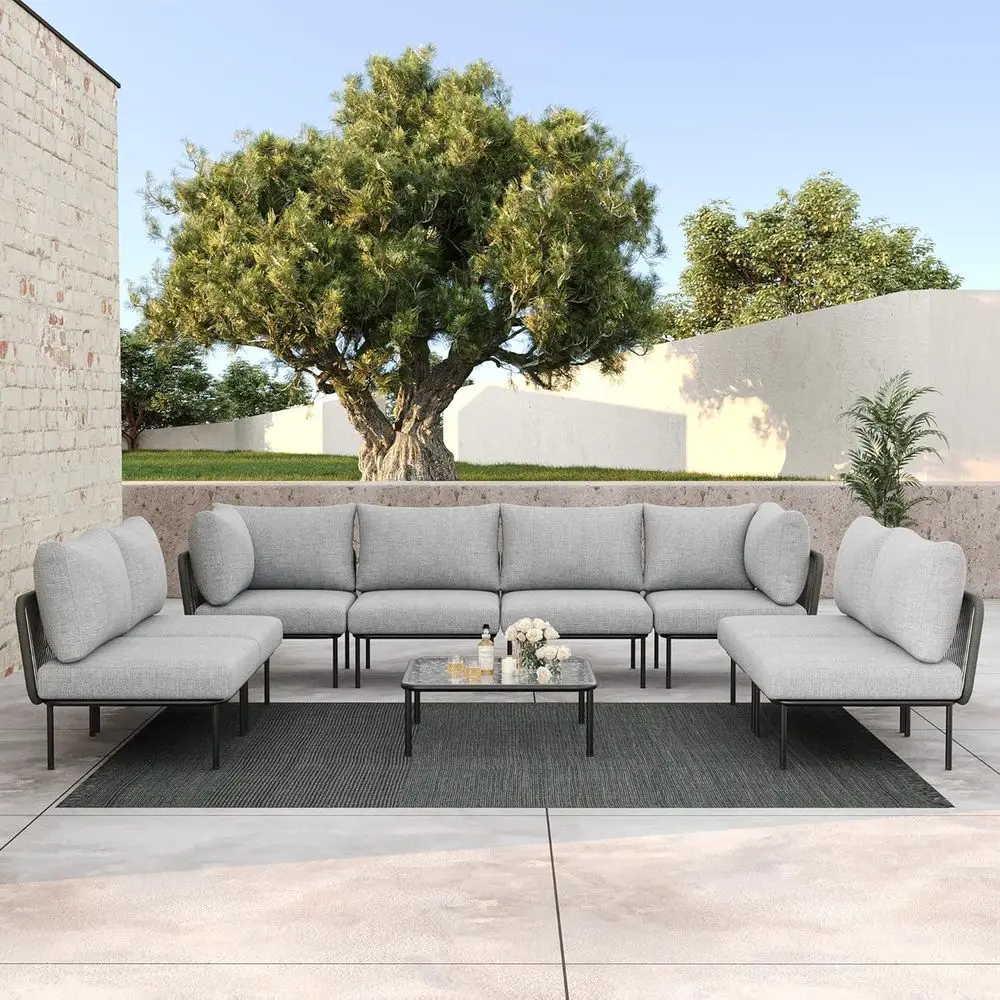 

9-Piece Outdoor Patio Furniture Set with Cushioned Sectional Sofa, Coffee Table, and Thick Cushions