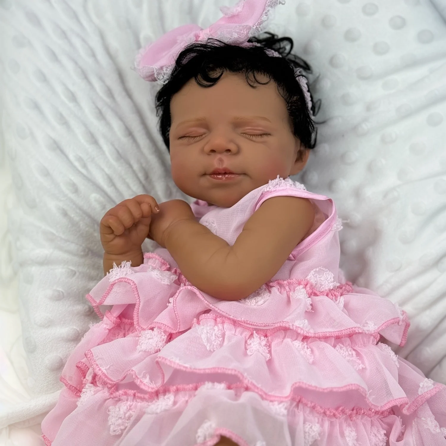 19inch Pascale Soft Cloth Body Dark Skin Baby Multiple Layers Painting Reborn Sleeping Doll 3D Skin With Hand Rooted Curly Hair