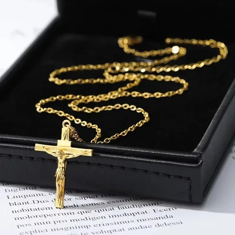 316L Stainless Steel Cross Necklace 18K Gold Plated Religious Pendant Uni Church Jewelry Gift Hypoallergenic Non-Fading Chain