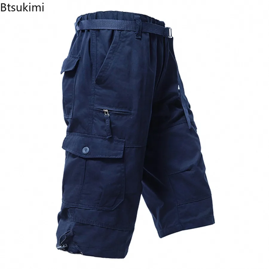 New Men's Summer Casual Shorts 100% Cotton Overalls Multi Pocket Loose Knee-length Pants American Style Retro Men Joggers Pants