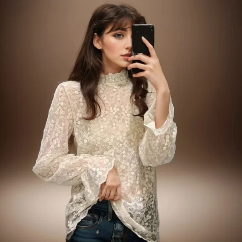 Long Sleeve See Through Stand Collar Hollow Out Lace Women Blouse Fashion Summer Elegant Shirt Spring Flare Sleeve Tops