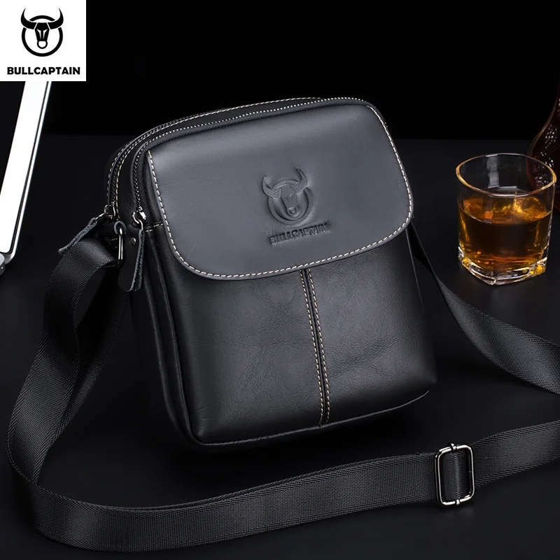 BULLCAPTAIN-Bolsa de ombro de couro para homens, pequenos sacos casuais, bolsa tiracolo multifuncional, marca, D07