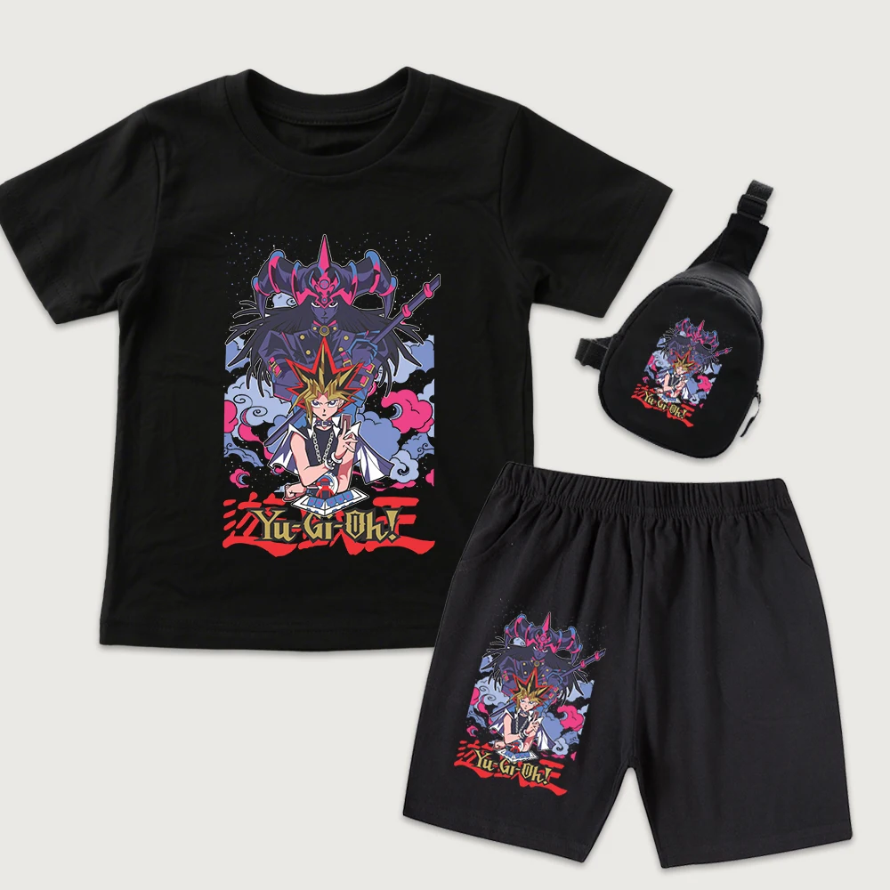 Kids Yu Gi Oh Seto x Yugi Anime Print Outfit Cotton T Shirt Shorts with Mini Chest Bag 3Pcs Set for Boys Girls Summer