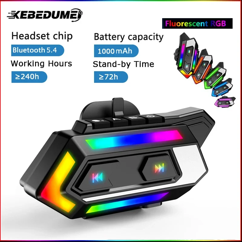 

Motorcycle Helmet Headset Rider Waterproof BT5.4 Handsfree Call 1000mAh Music Player Communicator Speakers with RGB Lights