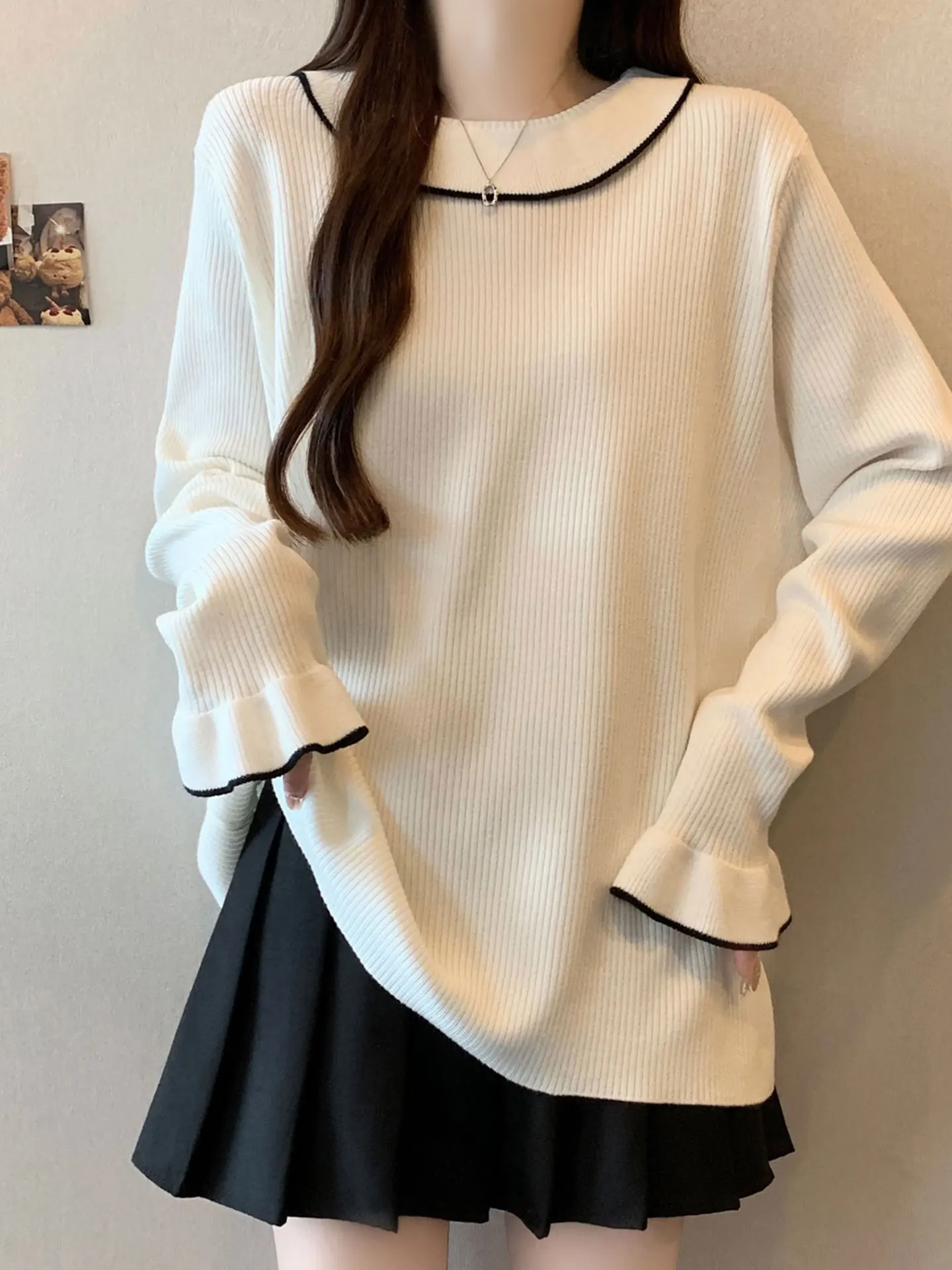 

Loose Knitted Sweater Women's Autumn Winter Bell Sve Doll Collar plus Size Conceals Belly Casual Sle Soft Wool Blend