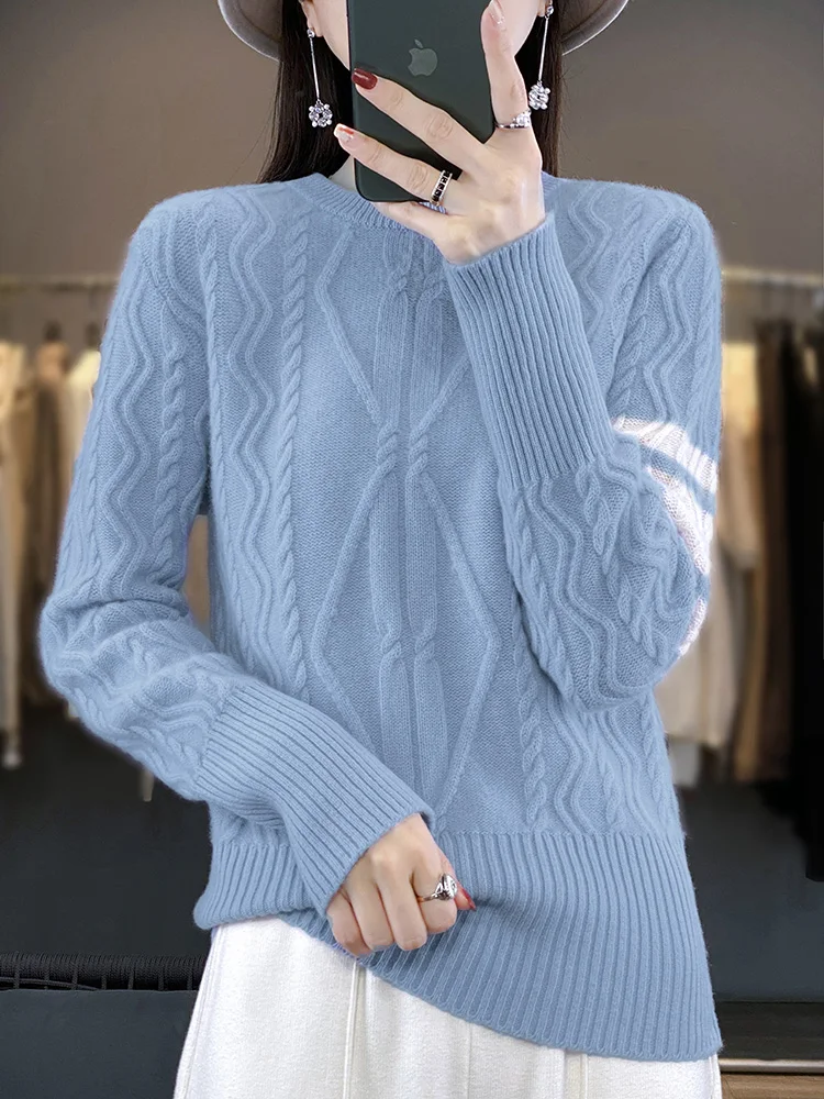 New Women 100% Merino Wool Pullover Autumn Winter Cashmere Sweater O-Neck Cable Stitch Knitwear Casual Soft Tops Korean Popular