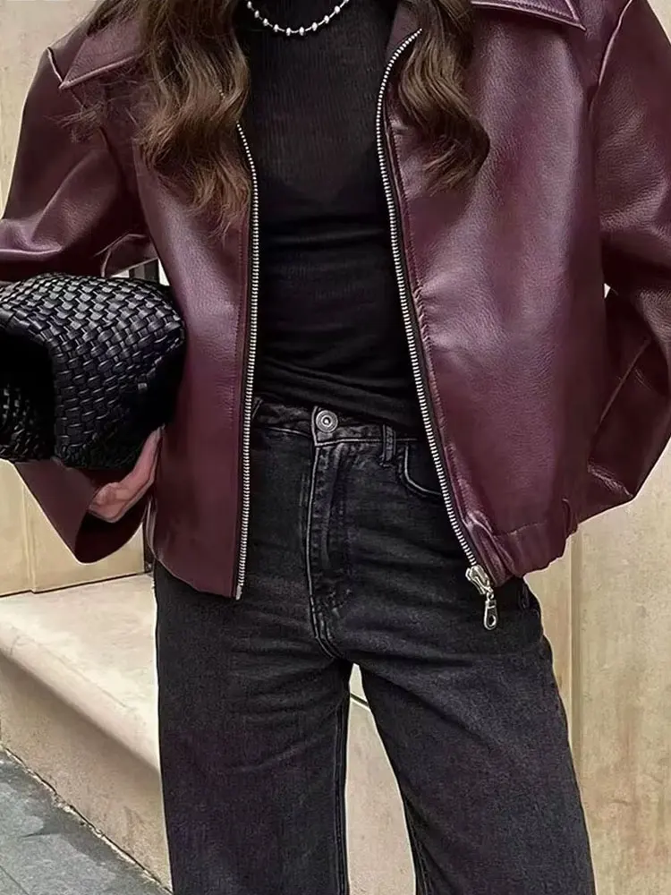 HH 2024 otoño moda urbana chaqueta Bomber de cuero para mujer Color sólido manga larga solapa cremallera mosca casual abrigos Retro