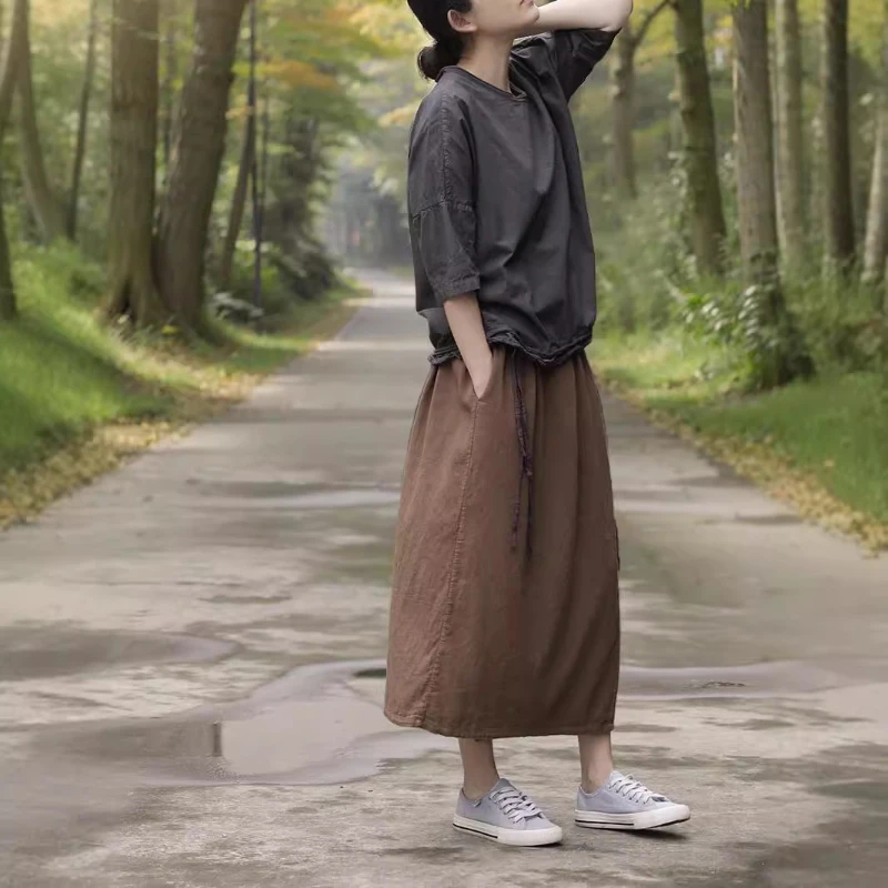 Fashion and Vintage Cotton Linen Women Skirts Casual Elastic High Waist A-Line Long Skirt Faldas Largas Mujer Good Quality