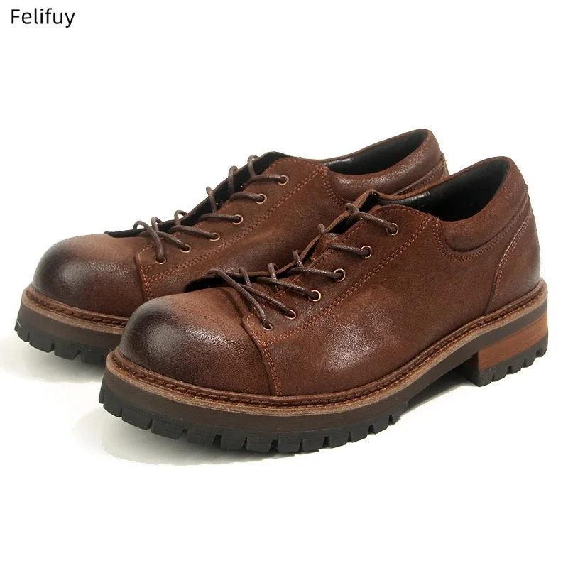 Retro Cowhide Mens Casual Business Shoes Platform Genuine Leather Autumn Oil Wax Matte Big Head Social Formal Shoes Man Size 44