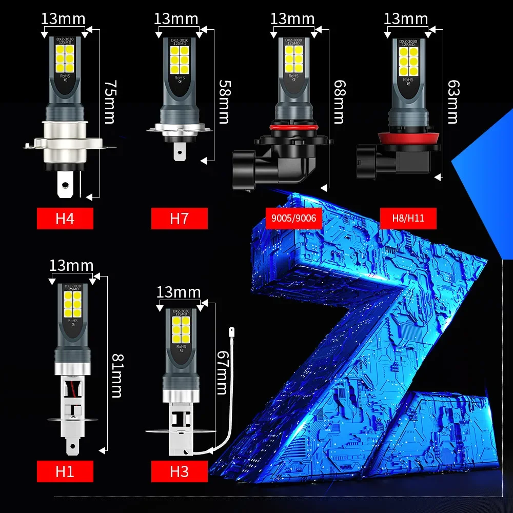 자동차 LED 안개 전조등 전구, H4, H7, H8, H11, HB3, Hb43030, 12 개 램프, 2 CS