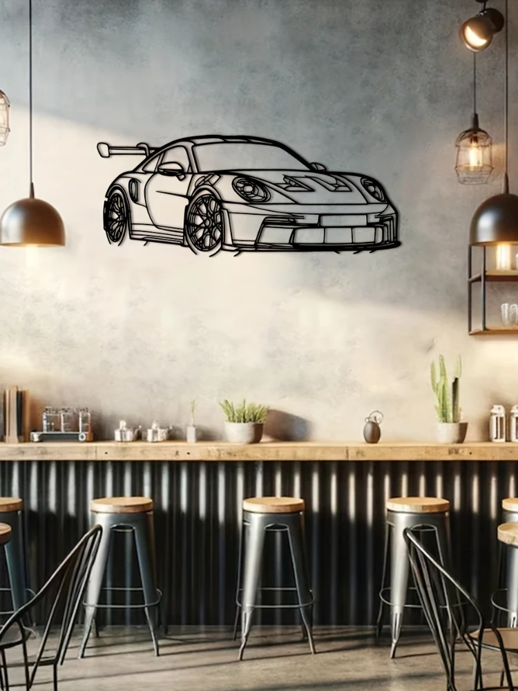 1 pièce pour supercar Art mural en métal-15.75 "x 6.32" panneau de décoration de maison en fer moderne, Sculpture de contour de voiture de course dynamique, décor de voiture