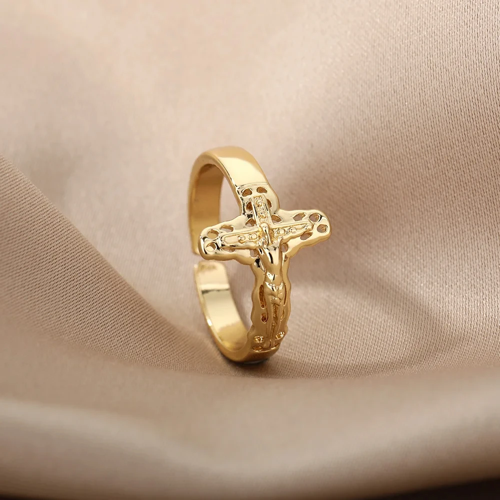 Vintage Jesus Cross Rings For Women Men Gold Color Stainless Steel Jesus Cross Adjustable Ring Religious Party Jewelry Gift