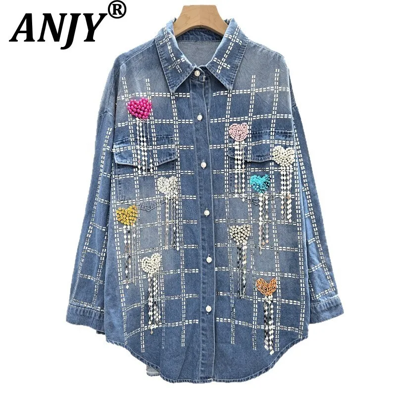 

ANJY Autumn New Women Chic Denim Shirt Heavy Craft Beaded Tassel Sequins Design Long Sleeve High Street Trendy Casual Tops A8902