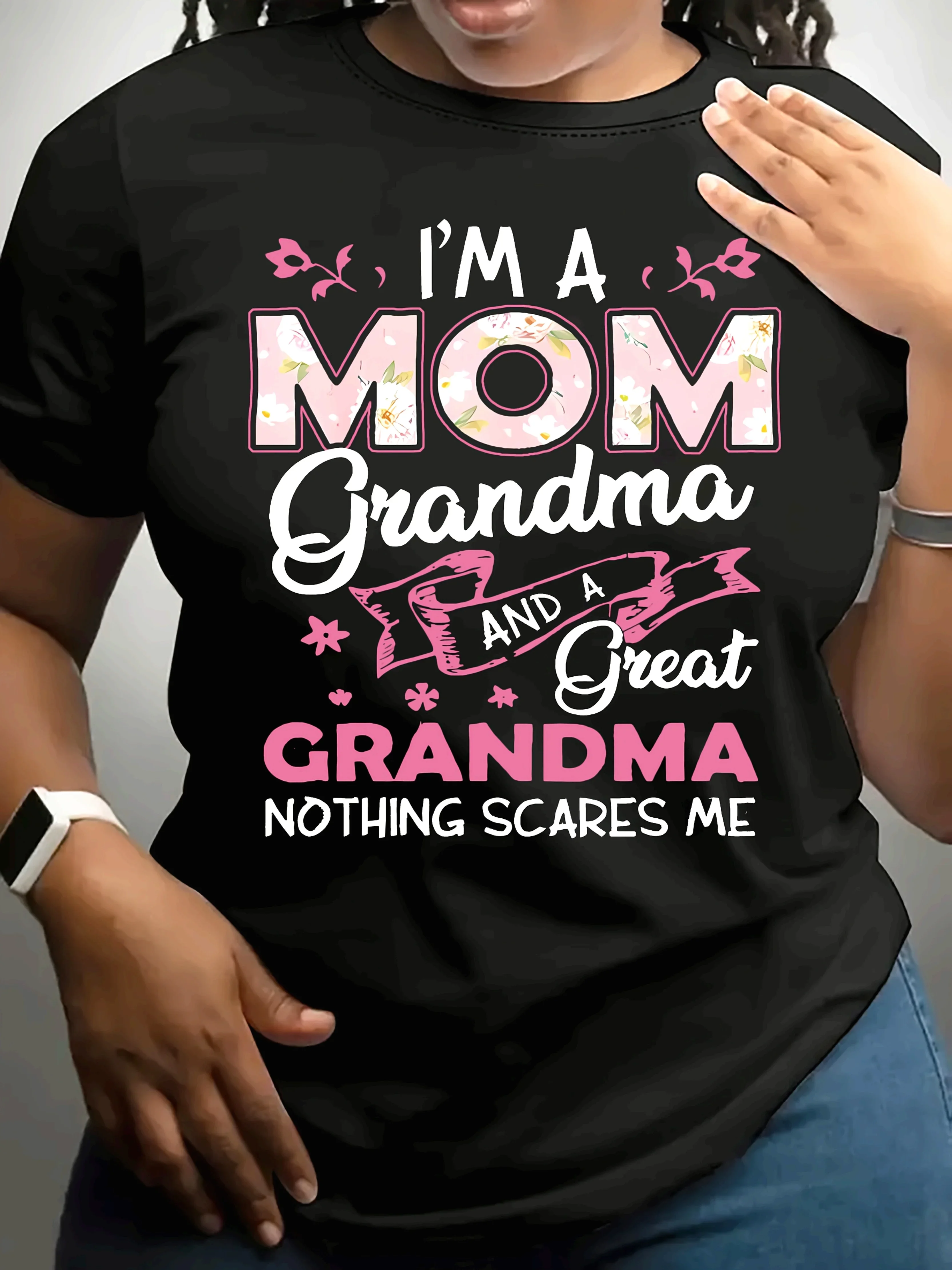 مضحك الجدة المحملة مضحك هدية عيد الأم المرأة خمر الجرافيك تي شيرت مع حروف الوردي الأزهار نجوم عادية جولة الرقبة أعلى #1