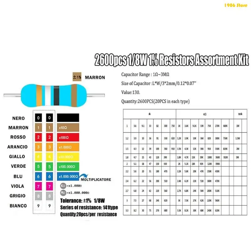 U1JB 2600pcs Resistor Assortment for DIY Projects and Experiments Resistance Set Film Resistor with Storage Box 1/8W