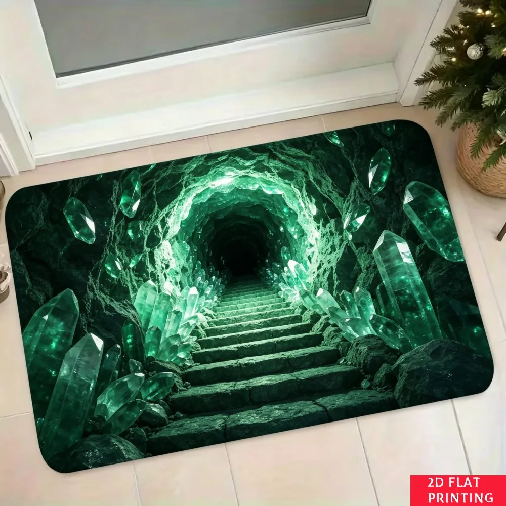 Crystal Cave Stairway Fantasy Door Mat Green Glow Gemstone Print Non Slip Washable Carpet For Mystical Home Entrance Decoration