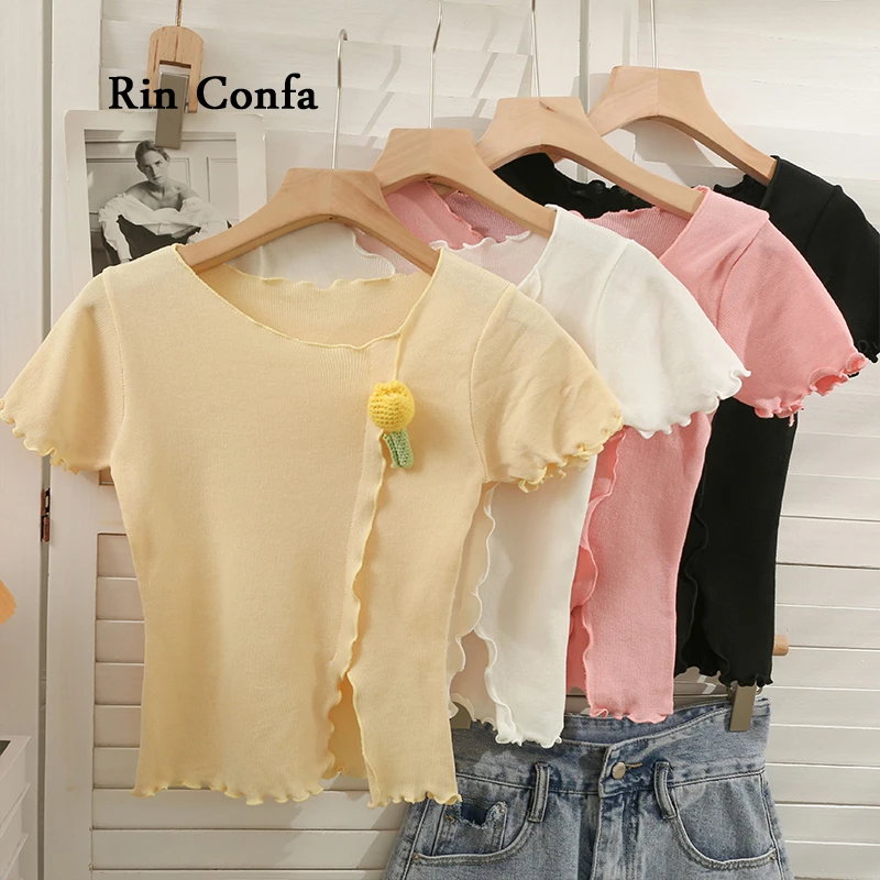 

Rin Confa Summer Edible Tree Fungus Short Sleeves Slim Thin T-Shirt Chic Appliques Short Crop Top Irregular Knitting Tops Women