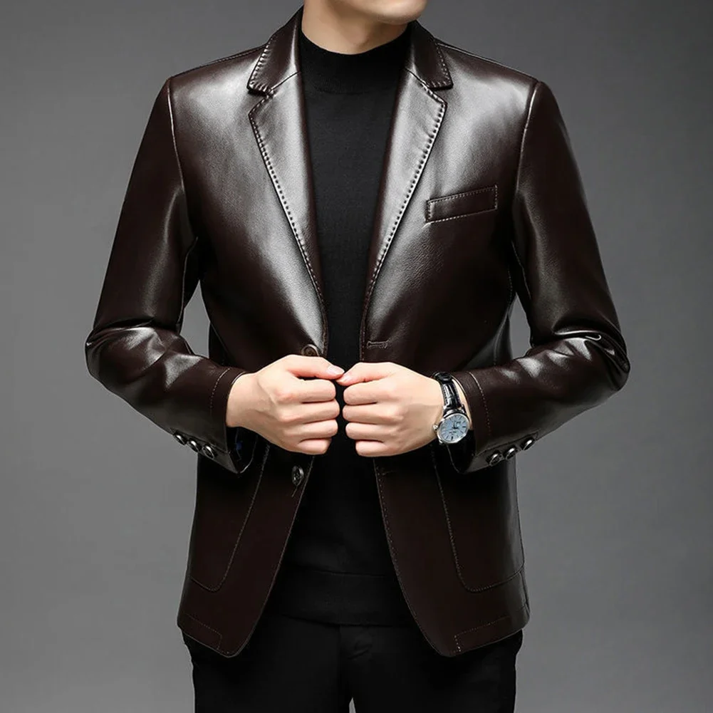 

Top Mens Jacket Outwear PU Leather Suit Suit Collar Thick Warm Add Velvet All-match Buttons Casual Comfort Fashion