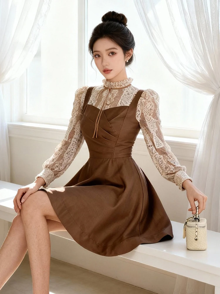 

Women Fake 2-Piece Lace Long Sleeve A-line Mini Dress Elegant Evening Gown Prom Vintage Mujer Vestidos Young Girl Spring Autumn