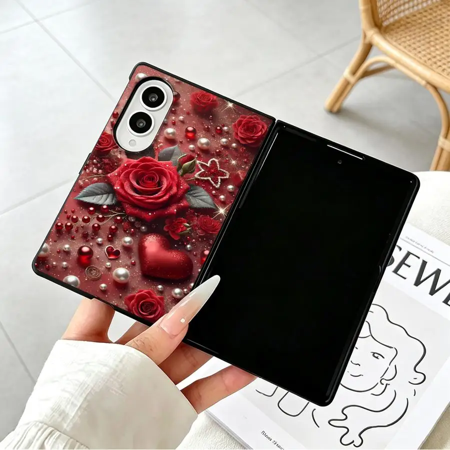 Case for Samsung Galaxy ZFold Wide ZFold8 Z Fold 8 Z Fold8 Wide Luxury Phone Cover Red Roses With Hearts