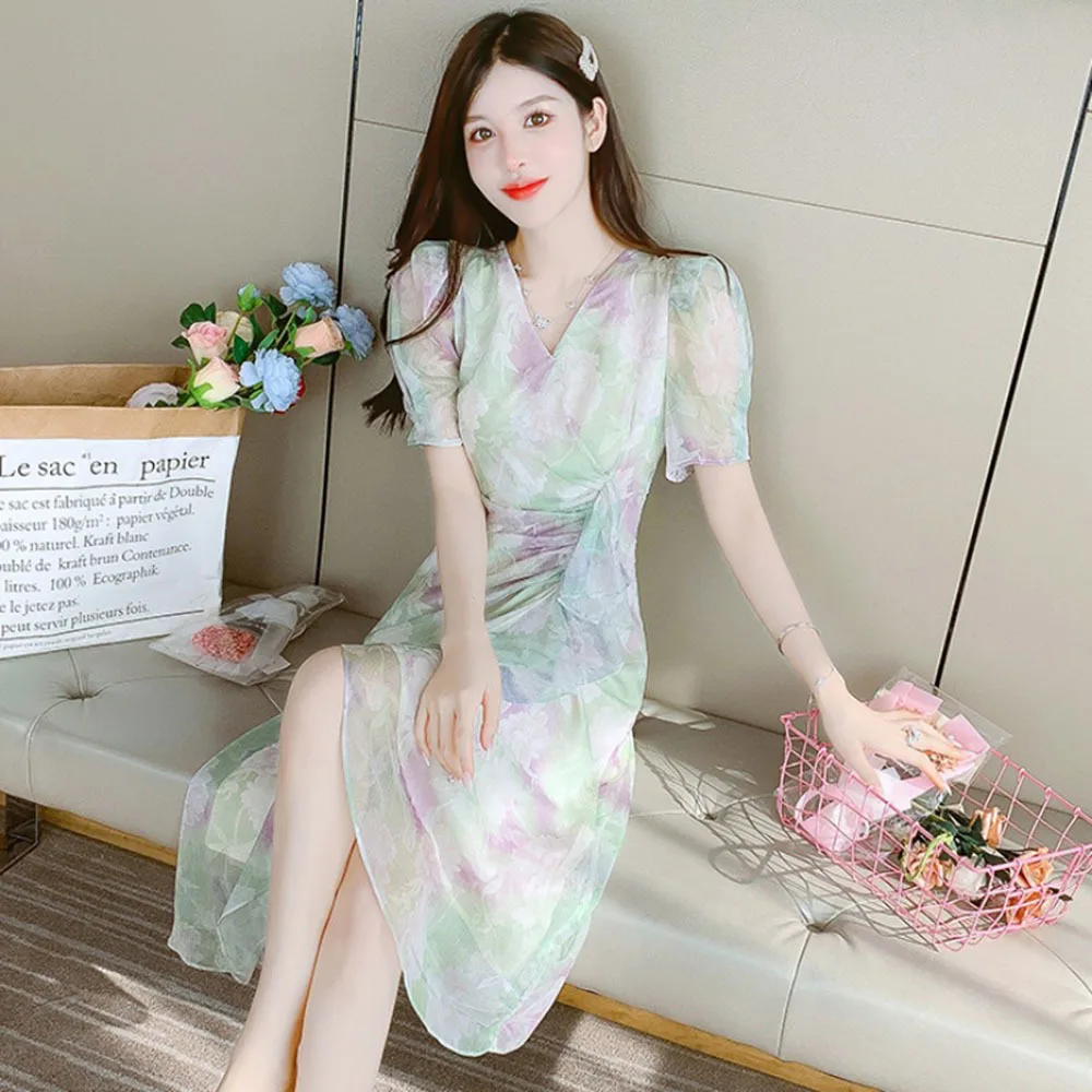 

2024Summer New Slim Ruffles Party Dress Women Clothing Elegant Asymmetrical Fashion Printed Puff Sleeve Irregular Floral Dresses