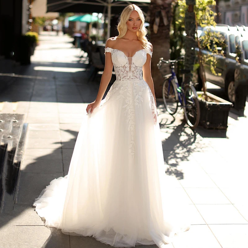 Robe De mariée trapèze élégante, épaules dénudées, en Tulle, avec des Appliques, personnalisée aux mesures, superbe